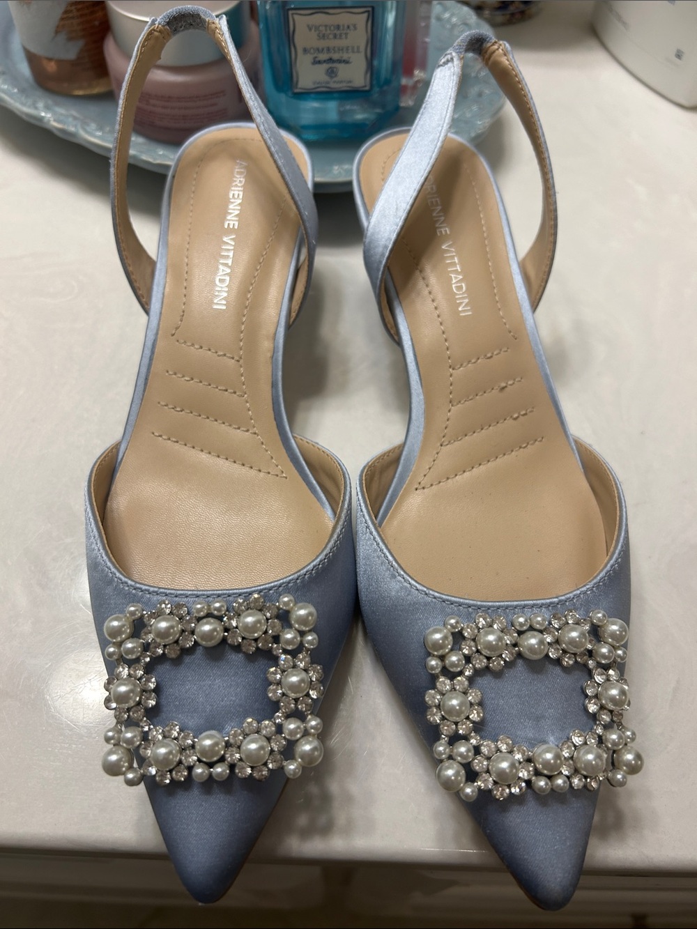 Adrienne Vittadini Light Blue Pearl-Embellished Satin Slingback Flats